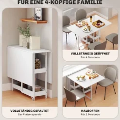Sammenklappeligt spisebord, industrielt design, plads til 4, hvid