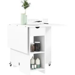 Sammenklappeligt spisebord, mobilt køkkenbord til 2-4 personer med åbne hylder, 1 skuffe, klapbord til små rum, spisestue 114,5 x 70 x 75 cm, hvid