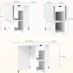 Sammenklappeligt spisebord, mobilt køkkenbord til 2-4 personer med åbne hylder, 1 skuffe, klapbord til små rum, spisestue 114,5 x 70 x 75 cm, hvid