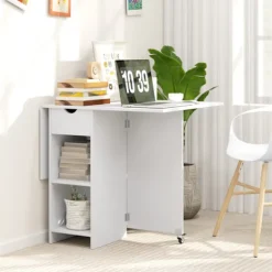 Sammenklappeligt spisebord, mobilt køkkenbord til 2-4 personer med åbne hylder, 1 skuffe, klapbord til små rum, spisestue 114,5 x 70 x 75 cm, hvid