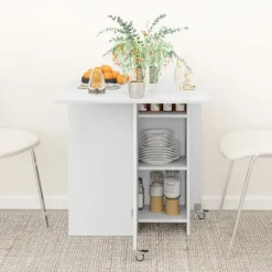 Sammenklappeligt spisebord, mobilt køkkenbord til 2-4 personer med åbne hylder, 1 skuffe, klapbord til små rum, spisestue 114,5 x 70 x 75 cm, hvid