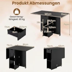 Sammenklappeligt spisebord med hjul, hylder og skuffe