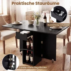 Sammenklappeligt spisebord med hjul, hylder og skuffe