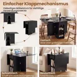 Sammenklappeligt spisebord med hjul, hylder og skuffe