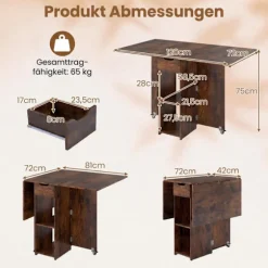 Sammenklappeligt spisebord med hjul, hylder og skuffe