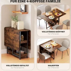 Sammenklappeligt spisebord i industrielt design, til op til 4 personer, åbne hylder, fleksibelt, metal, spånplade, brun