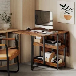 Sammenklappeligt spisebord i industrielt design, til op til 4 personer, åbne hylder, fleksibelt, metal, spånplade, brun