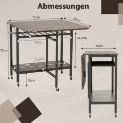 Sammenklappeligt spisebord med hjul og vinreol, rustik brun