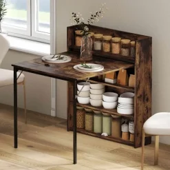 Sammenklappeligt spisebord med hylde, industriel stil, pladsbesparende, 80x90x93 cm