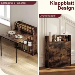Sammenklappeligt spisebord med hylde, industriel stil, pladsbesparende, 80x90x93 cm