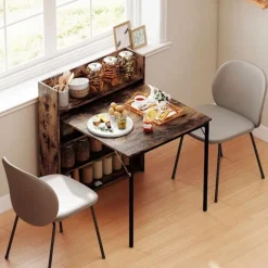 Sammenklappeligt spisebord med hylde, industriel stil, pladsbesparende, 80x90x93 cm