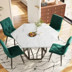 Sekskantet spisebord med marmorplade og sort metalstel, moderne sofabord til spisestue/stue Black White
