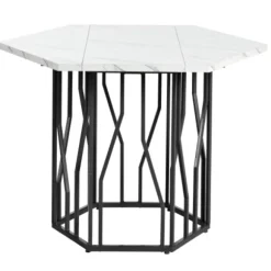 Sekskantet spisebord med marmorplade og sort metalstel, moderne sofabord til spisestue/stue Black White