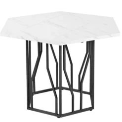 Sekskantet spisebord med marmorplade og sort metalstel, moderne sofabord til spisestue/stue Black White