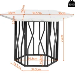 Sekskantet spisebord med marmorplade og sort metalstel, moderne sofabord til spisestue/stue Black White