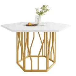 Sekskantet spisebord med marmorplade og guldfarvet metalstel, moderne sofabord til spisestue/stue Golden + White