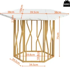 Sekskantet spisebord med marmorplade og guldfarvet metalstel, moderne sofabord til spisestue/stue Golden + White