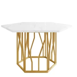 Sekskantet spisebord med marmorplade og guldfarvet metalstel, moderne sofabord til spisestue/stue Golden + White