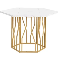 Sekskantet spisebord med marmorplade og guldfarvet metalstel, moderne sofabord til spisestue/stue Golden + White