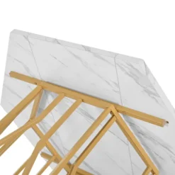 Sekskantet spisebord med marmorplade og guldfarvet metalstel, moderne sofabord til spisestue/stue Golden + White