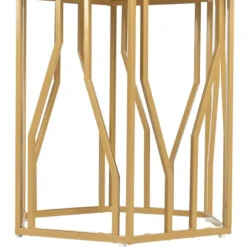 Sekskantet spisebord med marmorplade og guldfarvet metalstel, moderne sofabord til spisestue/stue Golden + White