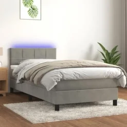 Seng med lamelbund og madras - Eksklusivt hjem - 90x190 cm - Lysegrå velour - Farvet LED-stripe