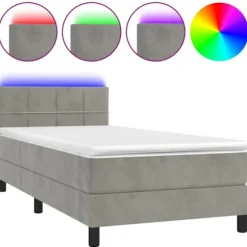 Seng med lamelbund og madras - Eksklusivt hjem - 90x190 cm - Lysegrå velour - Farvet LED-stripe