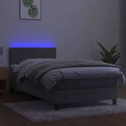 Seng med lamelbund og madras - Eksklusivt hjem - 90x190 cm - Lysegrå velour - Farvet LED-stripe