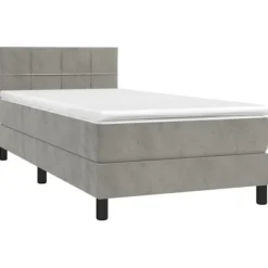 Seng med lamelbund og madras - Eksklusivt hjem - 90x190 cm - Lysegrå velour - Farvet LED-stripe