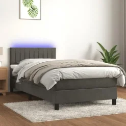 Seng med lameller med madras - 100x200 cm - Mørkegrå velour - Farverig LED-stribe - 2 pladser