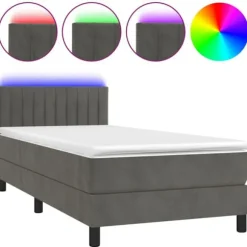 Seng med lameller med madras - 100x200 cm - Mørkegrå velour - Farverig LED-stribe - 2 pladser
