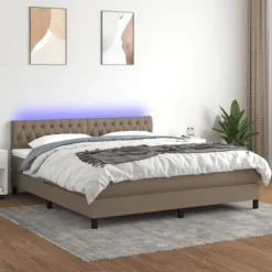 Seng med lameller og madras - Eksklusiv Hus - 160x200 cm - Taupe stof - Farvet LED-bånd