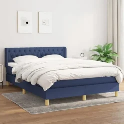 Seng med lameller og madras - Eksklusivt hjem - 140x190 cm - Blåt stof - Madras 20 cm med pocketfjedre