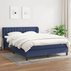 Seng med madras - Eksklusivt Hus - 140x200 cm - Justerbar sengegavl - Blåt stof