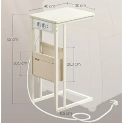 Sengebord 30 x 40 x 62 cm med strømudtag og USB-porte - Hvid