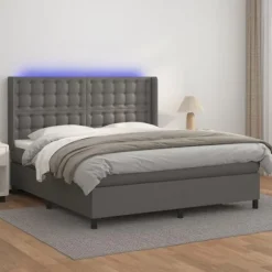 Sengebund med lameller - Eksklusiv hus - 160x200 cm - Kunstlæder - Farvet LED - Justerbar hovedgavl