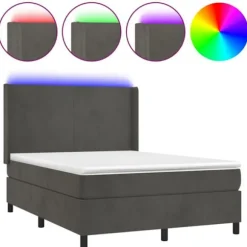 Sengebund med lameller med madras og LED - Mørkegrå - 140x190 cm - Hovedgærde inkluderet - 2 personer