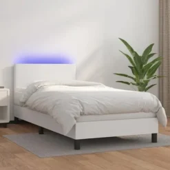 Sengebund med lameller og madras - Eksklusiv Hus - 80x200cm - Farvet LED - Hvidt kunstlærred