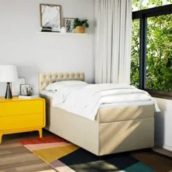 Sengestel med madras - Eksklusivt Hjem - 80x200 cm - Creme Stof - Maksimal Afslapning