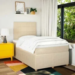 Sengestel med madras - Eksklusivt hjem - 120x200 cm - Cremefarvet stof - 2 personer