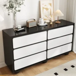 【Sideboard 140x38cm Moderne】Kommode med 6 skuffer & spejl, Opbevaringsplads, Hvid højglans White