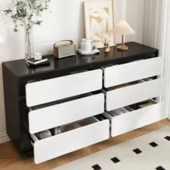 【Sideboard 140x38cm Moderne】Kommode med 6 skuffer & spejl, Opbevaringsplads, Hvid højglans White