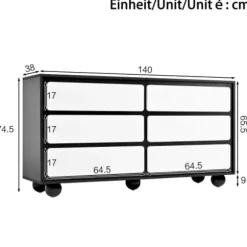 【Sideboard 140x38cm Moderne】Kommode med 6 skuffer & spejl, Opbevaringsplads, Hvid højglans White