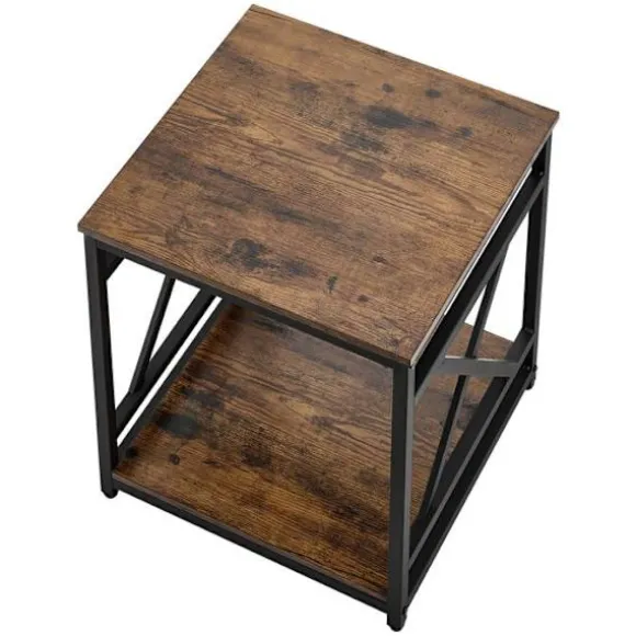 Sidebord - DUOKU - ZH639 - Kvadratisk 45,7x45,7x51 cm - 2 niveauer - Vintage brun træ & sort metalramme Brun vintage + svart
