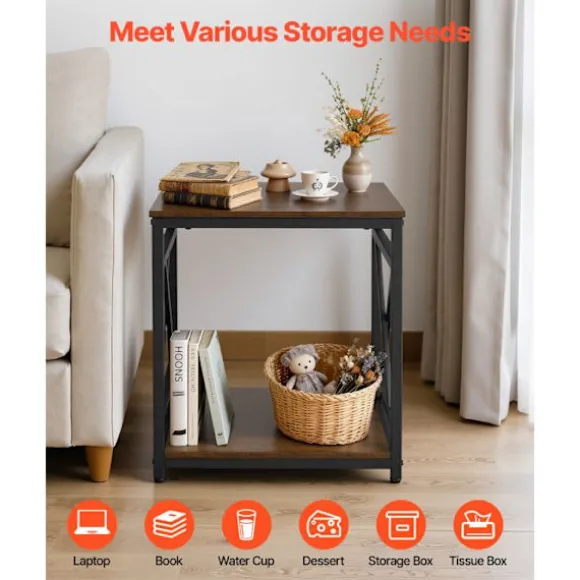 Sidebord - DUOKU - ZH639 - Kvadratisk 45,7x45,7x51 cm - 2 niveauer - Vintage brun træ & sort metalramme Brun vintage + svart