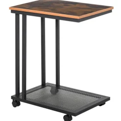 Sidebord C-Formet Rullevogn, Serveringsvogn, Sidebord, Træ + Metal, Sort + Valnød, 51X36X65 Cm