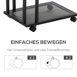Sidebord C-Formet Rullevogn, Serveringsvogn, Sidebord, Træ + Metal, Sort + Valnød, 51X36X65 Cm