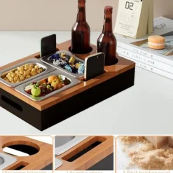 Sidebord med 7 rum - vinreol - drikkevareholder - snackboks - snackskål i rustfrit stål med håndtag - opbevaringsplads til stuen