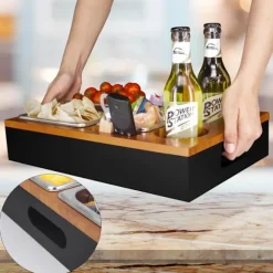 Sidebord med 7 rum - vinreol - drikkevareholder - snackboks - snackskål i rustfrit stål med håndtag - opbevaringsplads til stuen