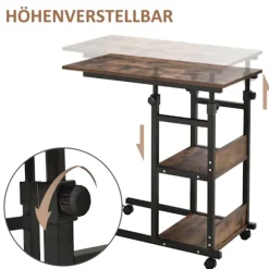 Sidebord med hjul Højdejusterbart sofabord, 2 hylder, metal, sort, 80x40x72-82 cm